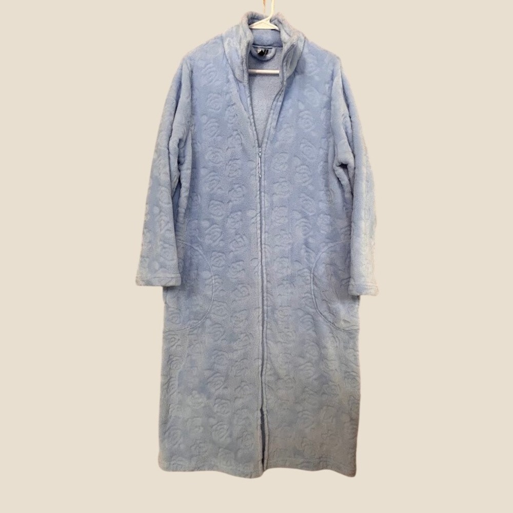 Jaclyn Intimates Blue Fleece Full Zip Robe Embossed Rose Floral Long Housecoat L